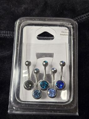 14G Stainless Steel Belly Button Rings - Blue & Grey Crystal Curved Barbells NEW